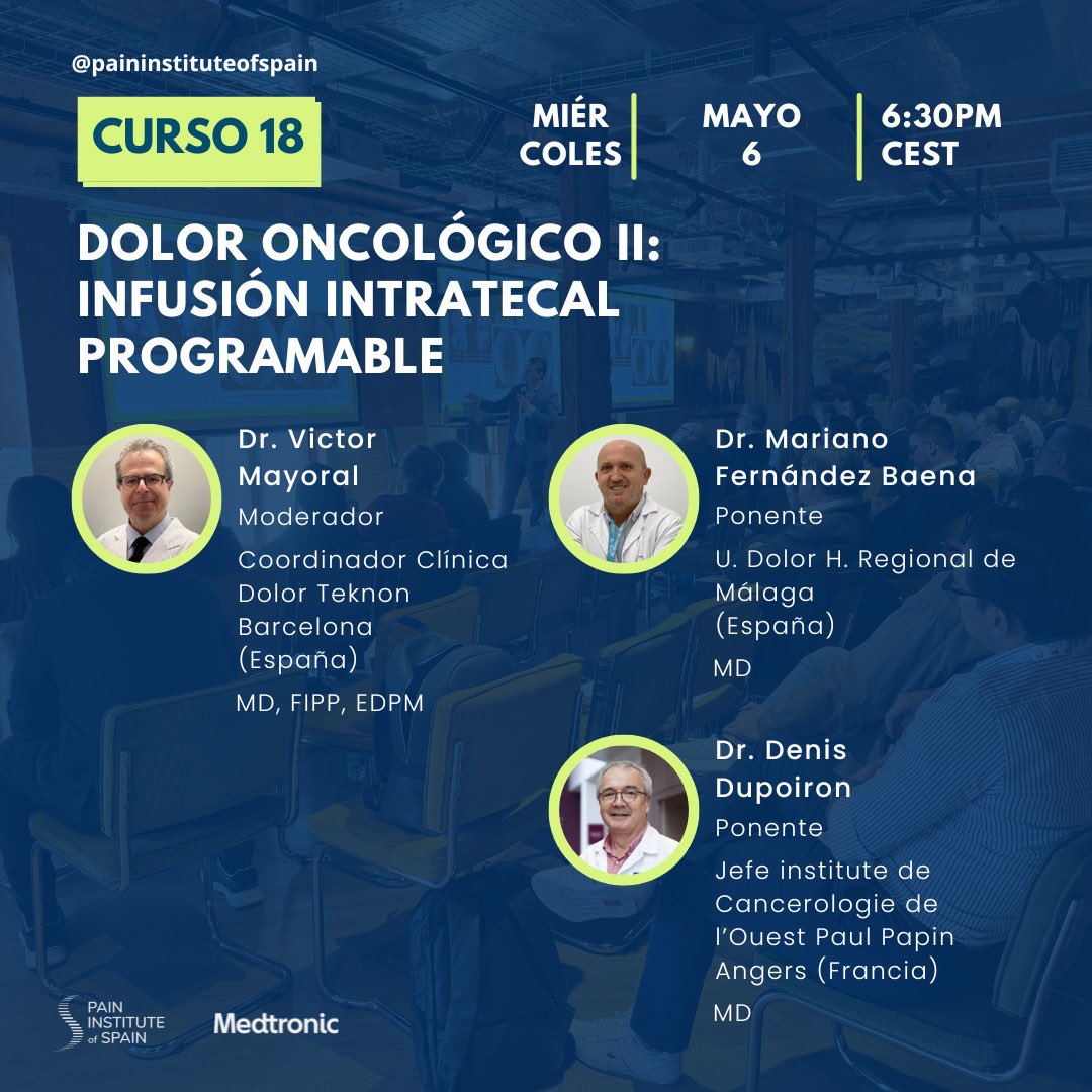 pios_institute's tweet image. 🗓️ TOMA NOTA! 6 de mayo a las 6:30pm (CEST) se impartirá el curso sobre infusión #intratecal programable en #dolor #oncologico‼️ Damos invitaciones a los primeros #socios @Sedolor y @LAPS_pain que envíen este formulario 

▶️ share-eu1.hsforms.com/1rgXW6uaXTYWBM…

@Medtronic