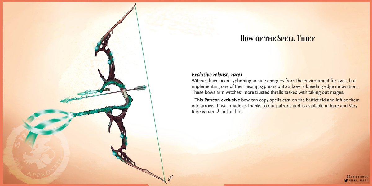🔥 Witches have been syphoning arcane energies from the environment for ages, but implementing one of their hexing syphons onto a bow is bleeding edge innovation. These bows arm witches’ more trusted thralls tasked with taking out mages.

#dnd #dnd5e #ttrpg