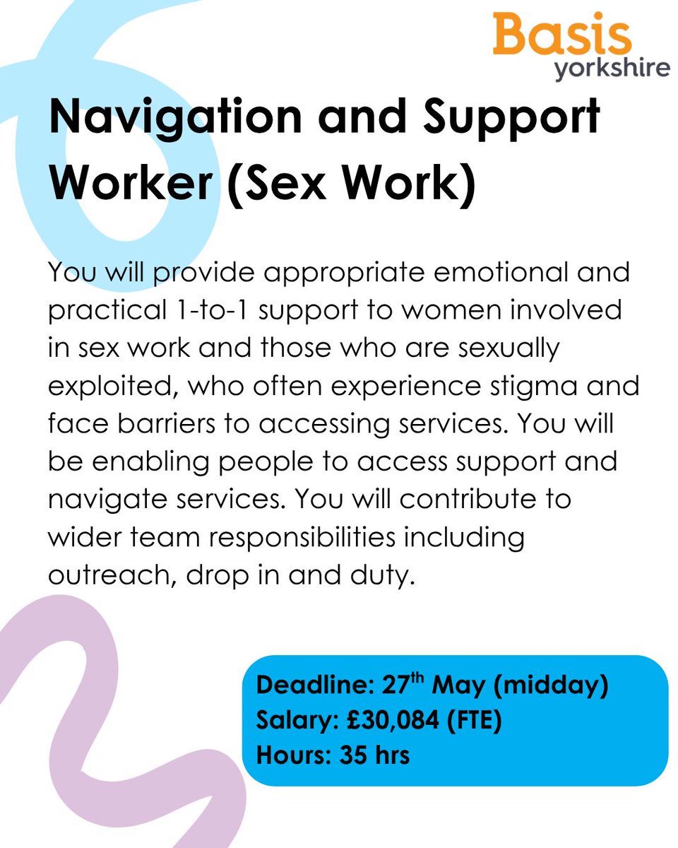 BasisYorkshire's tweet photo. 📣 We're hiring!📣 
We're looking for 2 people to join our Adult team - Navigation and Support Workers, Sex Work, and DV and Housing!

Find out more: https://t.co/QqK1zPenO5 https://t.co/G2KDkK2B7j