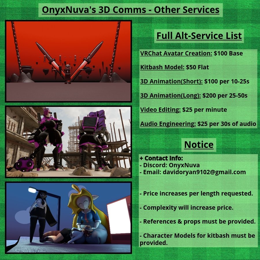 OnyxNuva's tweet image. My 3D Commissions are ALWAYS Open!

All Prices &amp;amp; Services below! Please DM Me if interested!

#commission #3d #blender #characterartist #digitalart #furryartist

Comm Site: onyxnuvacomms.carrd.co
Buy my Models Here: ko-fi.com/onyxnuva
3D WIPs Here: patreon.com/onyxnuva