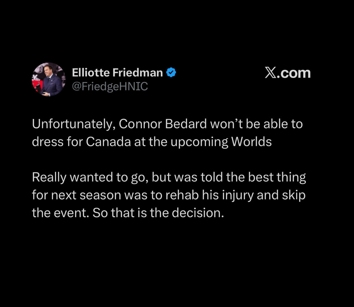 pupbrini's tweet image. connor bedard saying he really wanted to go to worlds but couldnt bc he needed to rehab his shoulder injury 😭💔 free my goat