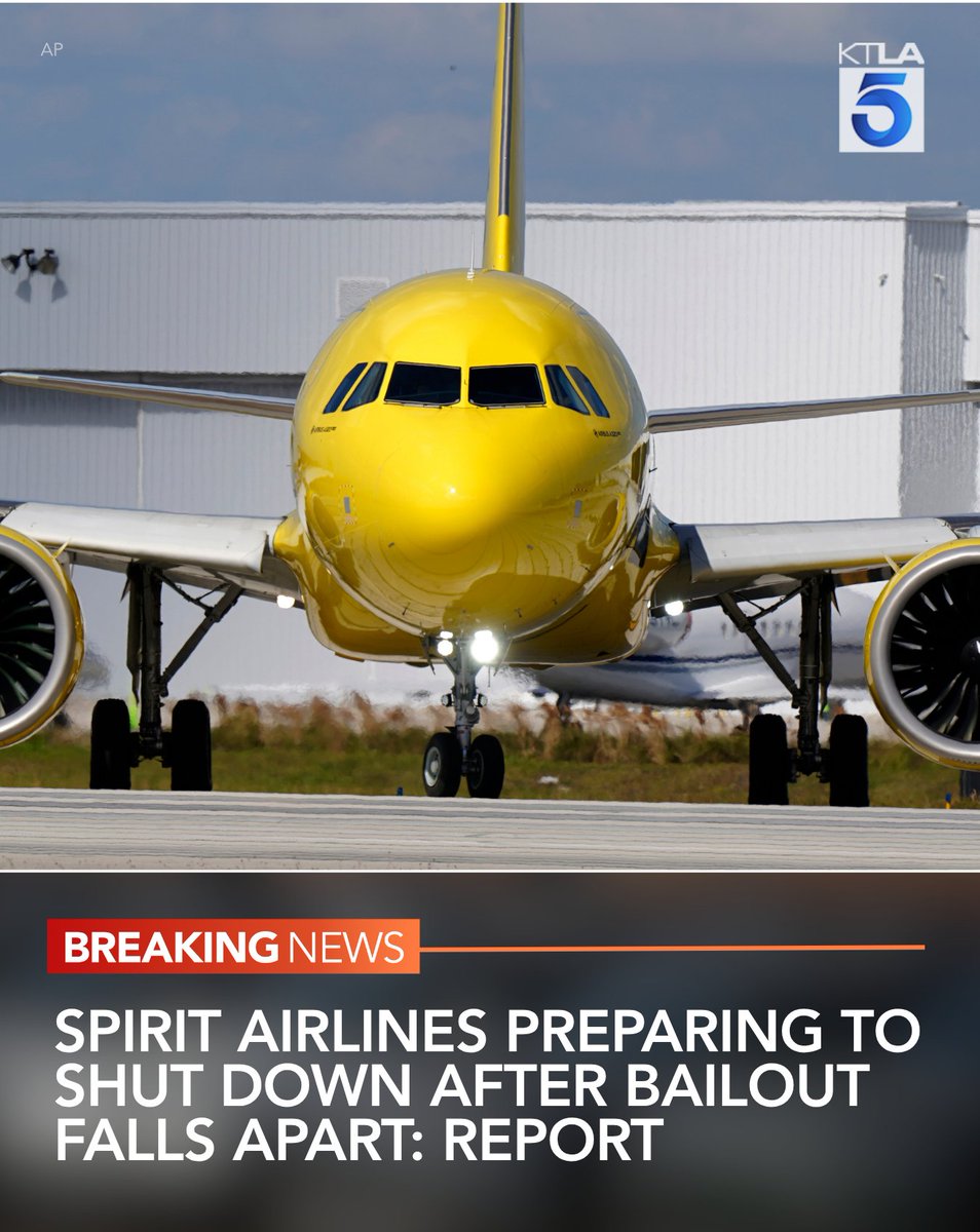 KTLA's tweet image. #BREAKINGNEWS: Spirit Airlines is reportedly planning to halt operations following the collapse of a government bailout deal. Updates: ktla.com