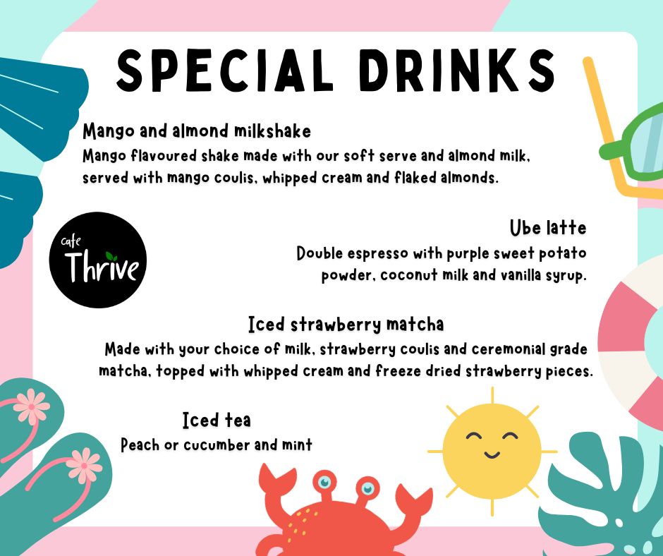 cafe_thrive's tweet image. OLur new Special drinks are here! ☀️Mango &amp;amp; Almond Milkshake with mango coulis, Iced Ube Latte with purple sweet potato, Iced Strawberry Matcha with ceremonial grade matcha, plus Peach or Cucumber &amp;amp; Mint Iced Tea. Cool down in style! Check allergens in-store. #SummerDrinks #Vegan