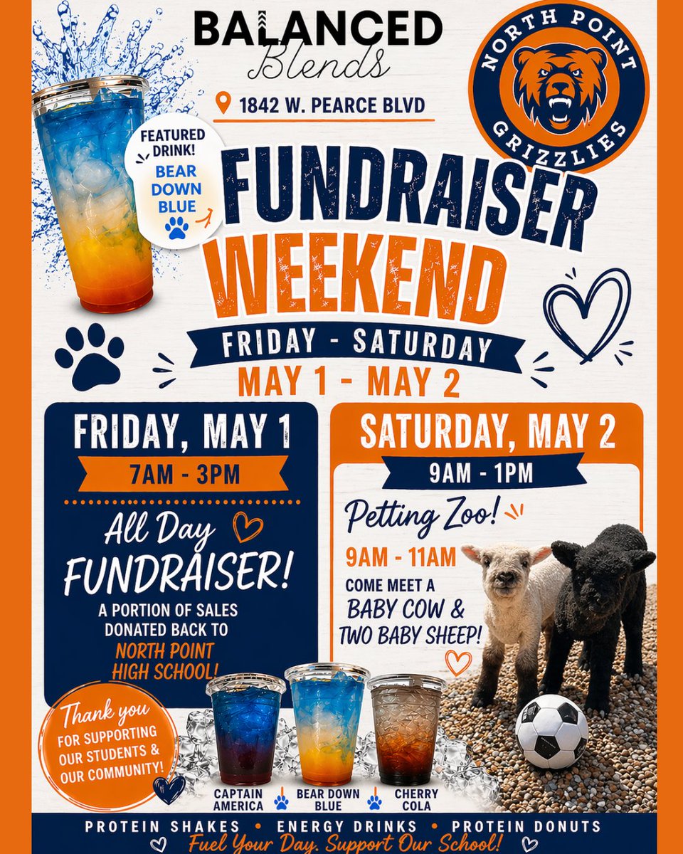 WBEPhysEd's tweet photo. Support NPHS Class of 2026 Grad Night Event- today and tomorrow at Balanced Blends!! @Dr_Shelmire @Elmendorf_NP_AP @NP_Grizzly_AD @NPHSOffice @DBethmann_NPHS https://t.co/GcC14aVgpU