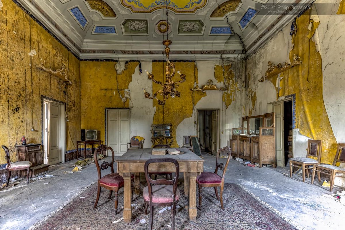 PGPImages's tweet photo. In the summer of 2024 I went to Italy to meet up with some new European urbex friends that I first met about a year before in Svalbard. It was great seeing them all, and I wanted to share some images of one of the locations we explored. We entered this 18th-century estate in Empoli at 5:00 AM.

The primary roof structure had already failed. Massive brick and tile accumulations on the main floor. I had to dodge 1958 Italian magazines scattered across the terracotta just to set up my tripod. The joists above were completely waterlogged. I didn't stay long under that hole.