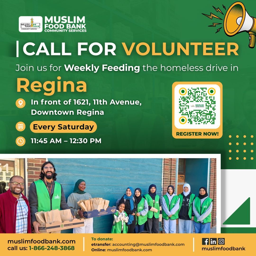 muslimfoodbank's tweet image. Volunteers needed in Regina.

Join our weekly feeding drive. Serve meals. Support your community.

Every Saturday
11:45 AM – 12:30 PM
1621 11th Avenue, Downtown Regina

Sign up now by scaning the QR

3MuslimFoodBank #Regina #Volunteer #CommunitySupport