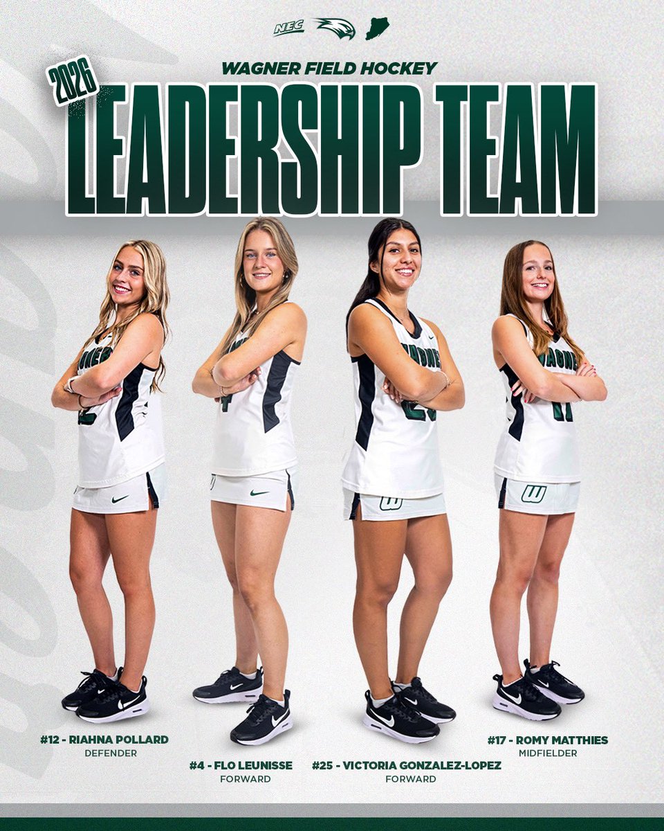 WagnerCollegeFH's tweet photo. 👩‍✈️NEW SEASON, SAME EXPECTATIONS👩‍✈️

Our 2026 captains:

Claire Evans
Victoria Bruno

Alongside our Leadership Team for the upcoming campaign:

Flo Leunisse
Victoria Gonzalez-Lopez
Romy Matthies 
Riahna Pollard

#GritFirstGloryLater | #GFGL https://t.co/PSD4tzfFdS