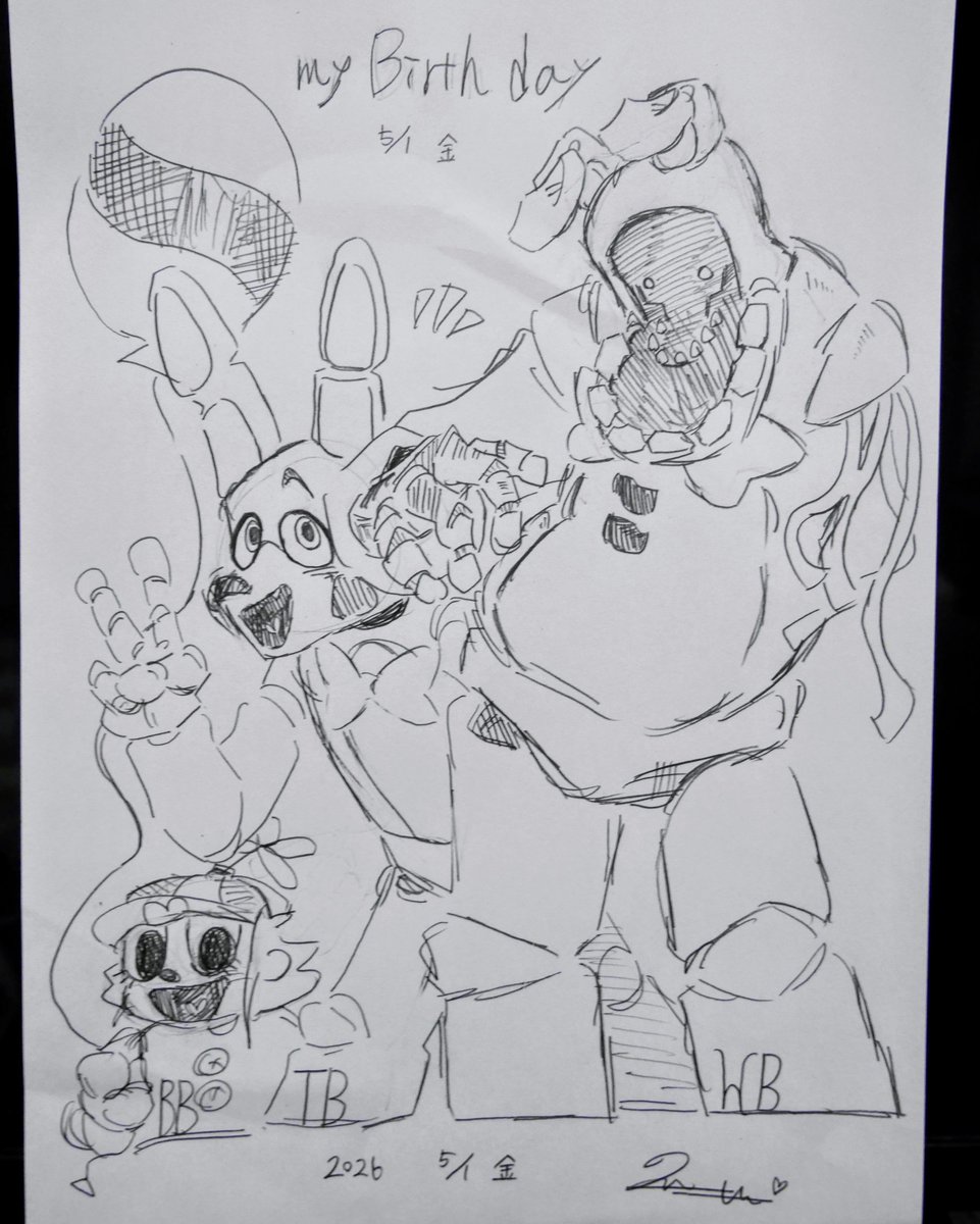 GyouzaLovely's tweet image. 今日5/1は娘の誕生日でした🎉🥳
そんなめでたい日でも変わらず大好きなFNAFイラストを描く事は忘れない娘✨️🎂

そういえば、トモコレの住人達もお祝いしてくれました㊗️良かったね〜🎶
#FNAF　
#fnaffanart