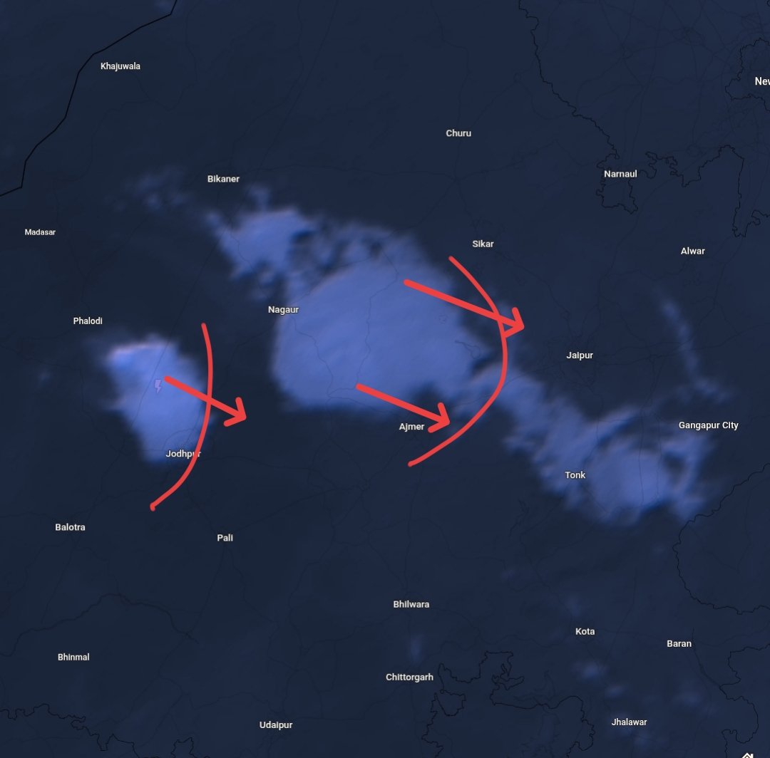 Rajsthanweather's tweet photo. These two cloud patches are accompanied by dust storms followed by some kind of Good Rainfall. Moving towards South East.

Dust Storm alert for Sikar , Jaipur , Ajmer and Jodhpur District. 

Good Rainfall continue over Parts of Nagaur , Didwana , Phalodi and Jodhpur District. https://t.co/HPBIyLUsDj