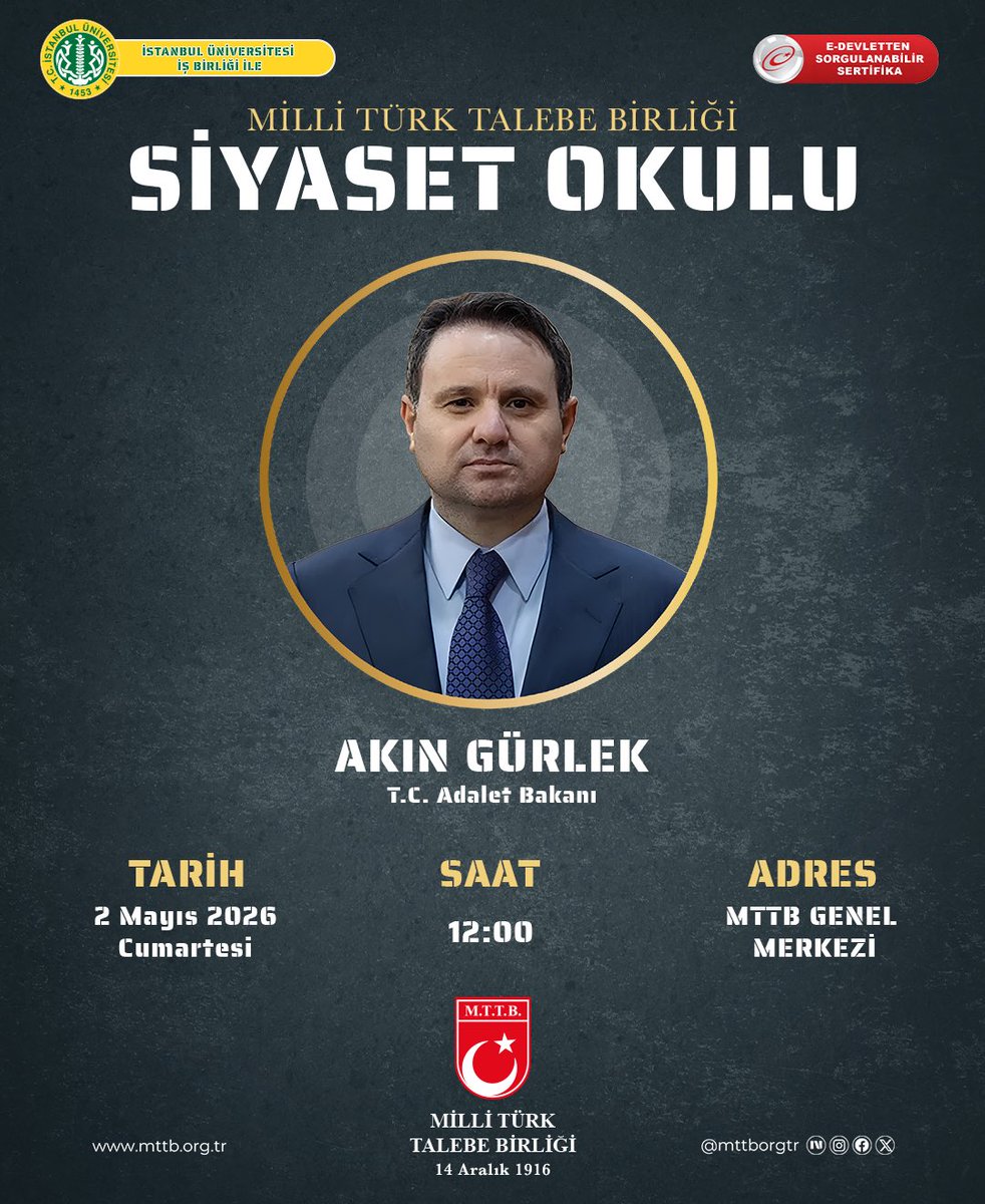 mttborgtr's tweet photo. “MTTB Siyaset Okulu’nda bu haftaki konuğumuz: T.C. Adalet Bakanı Sayın Akın Gürlek” https://t.co/zQcMhRPpQD
