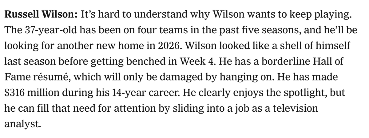Wrote this after the season. No clue why Wilson would want to try to hang on as the Jets' backup QB. And it's no surprise that TV execs are interested