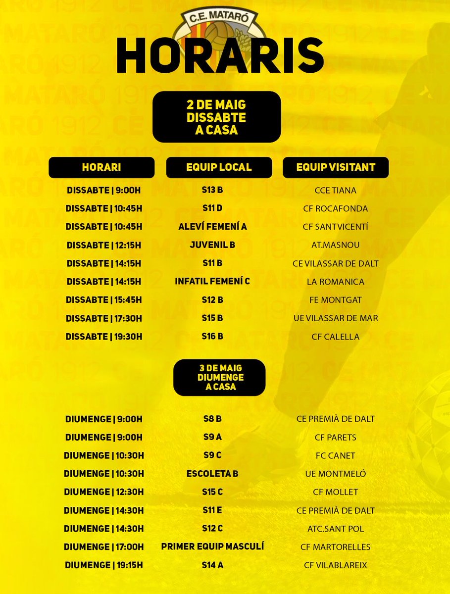 ce_mataro's tweet image. 🗓️ Ja tenim els horaris del cap de setmana!

#CEMataro #ADN🟡⚫️
