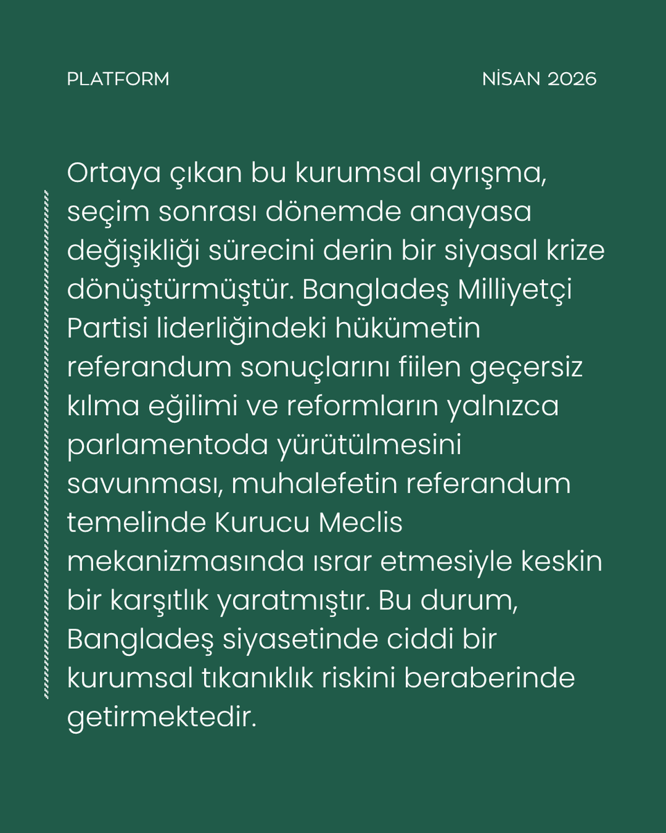 platform_ilke's tweet photo. • Bangladeş’te 2026 seçimlerinin ardından siyasi kriz derinleşiyor.
• Bangladeş Milliyetçi Partisi’nin seçim zaferine rağmen “hile” iddiaları gündemde.
• Referandumun askıya alınması ve reformların geri çekilmesi, demokratikleşmeyi zayıflatıyor.
• Muhammed Yunus döneminde başlayan reform süreci kritik bir eşikte.
Dr. Rahmat Ullah Platform için yazdı.
https://t.co/oRbsCy23wD