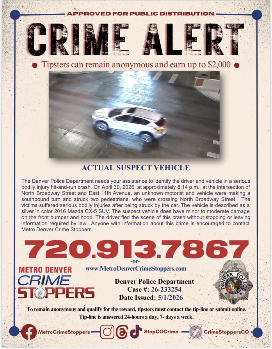 DenverPolice's tweet image. #Denver, do you have any information about this hit &amp;amp; run traffic crash? If so, call @CrimeStoppersCO at 720-913-STOP (7867). Tipsters can remain anonymous and earn a cash reward!