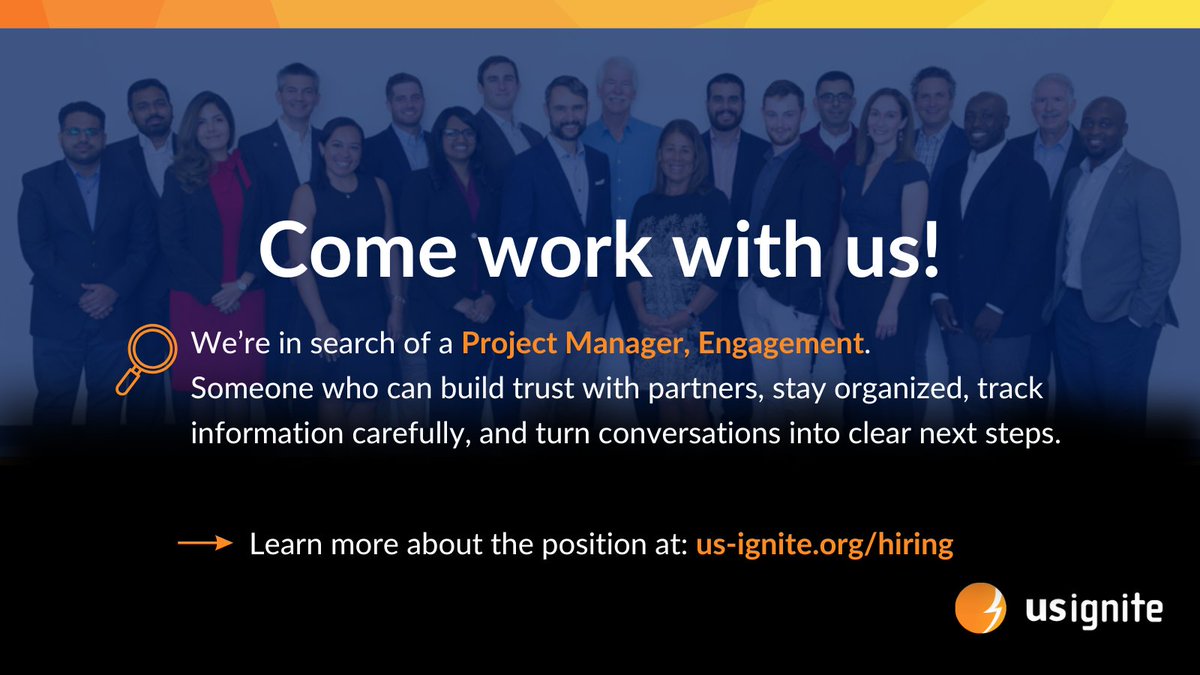 US_Ignite's tweet photo. We’re hiring! 🧑‍💼US Ignite is looking for a Project Manager, Engagement to lead programs that connect partners, regional coalitions, and emerging technologies.
If you love turning big ideas into real-world impact:
🔗 https://t.co/zfkqPojreW https://t.co/4x0wr5VhTg