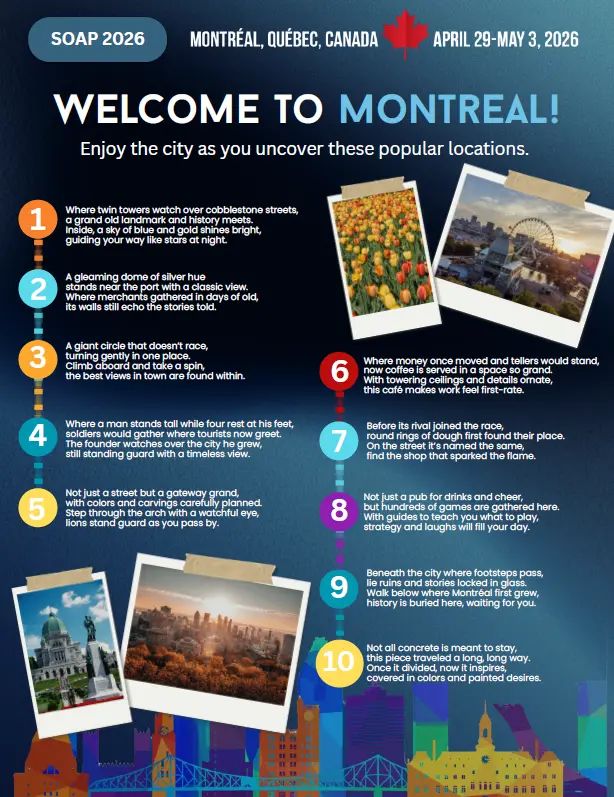 SOAPHQ's tweet image. If you’re attending the SOAP Annual Meeting in Montreal, you can still sign up for the scavenger hunt—just stop by the desk to register! For more information, please visit the link here: buff.ly/eNu50Wt 

#SOAP #ScavengerHunt #AnnualMeeting #Montreal