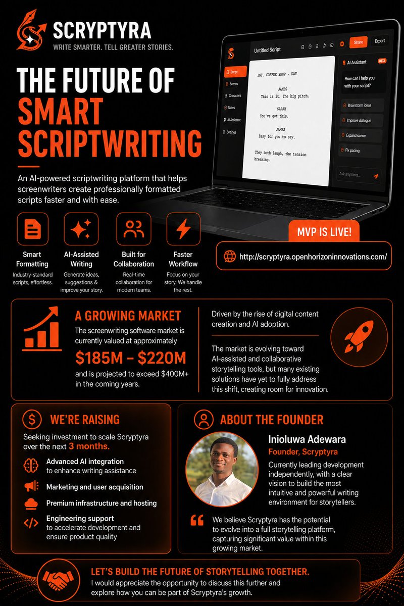 AdewaraIJ's tweet image. I am currently seeking investors to support the growth of Scryptyra. I am open to raising capital in exchange for tangible equity in the company.
If you’re interested in learning more or exploring a potential partnership, my DMs are always open.

#investor #startup #screenwriting