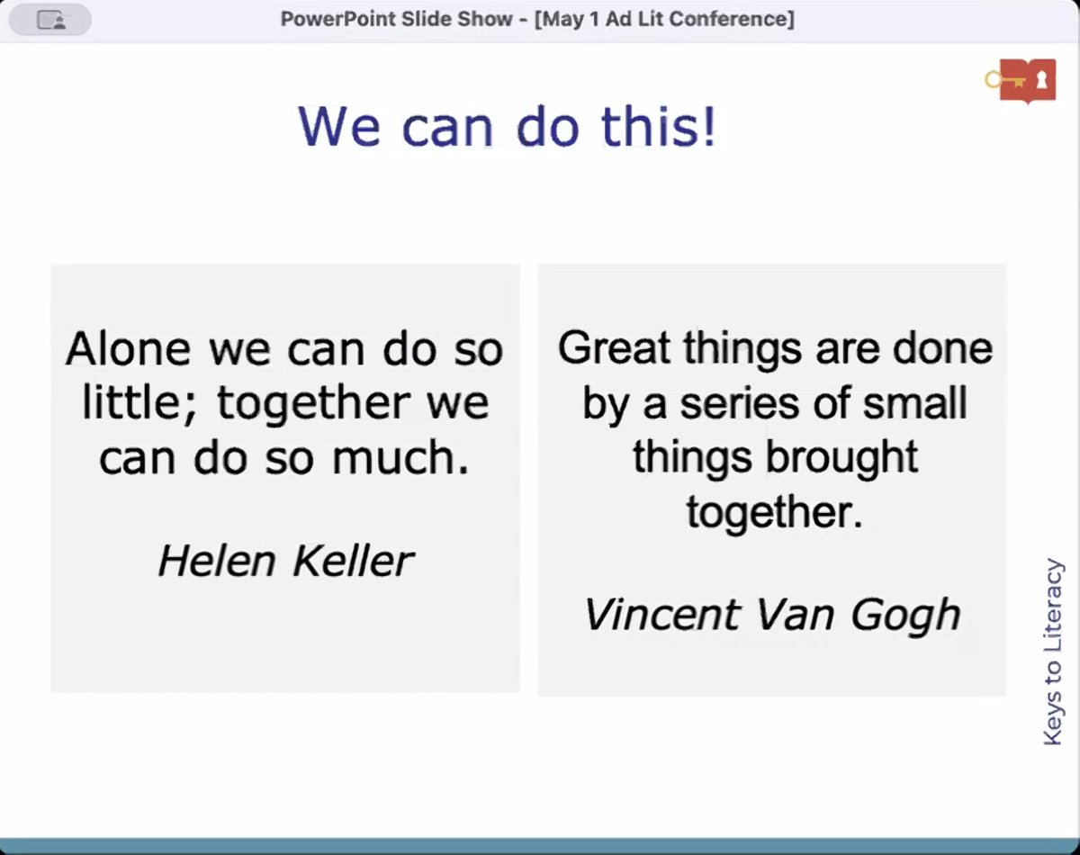KeystoLiteracy's tweet photo. “We can do this.”

At Adolescent Literacy – Unlocked!, Joan Sedita shares a research-based roadmap to support readers and writers in grades 4–12.

Explore the keynote + get recording access:
https://t.co/1z0c4QbKkg https://t.co/srqzkFKs15