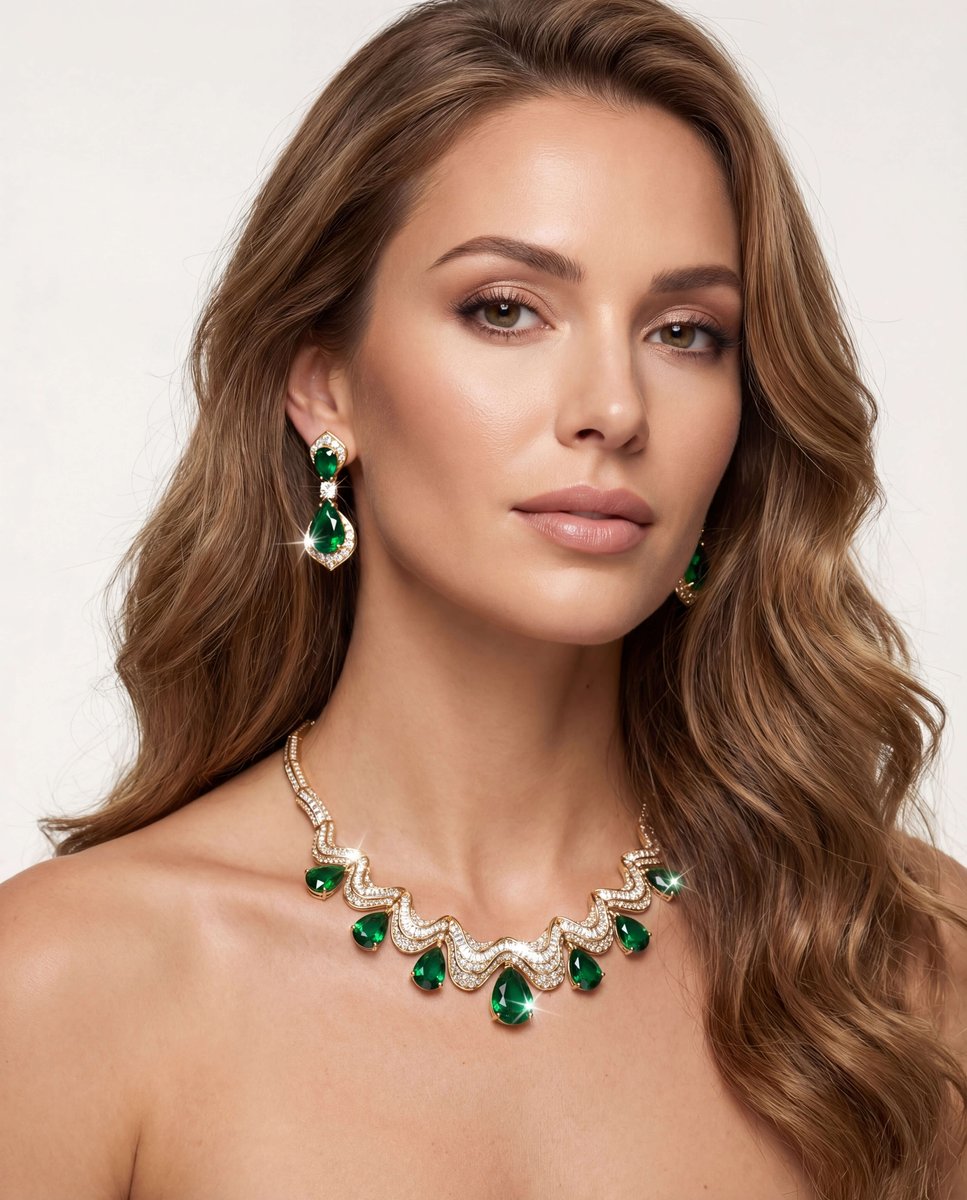 TimepiecesIntl's tweet photo. Turn heads with the captivating brilliance of this statement set. Designed with a luxurious chunky silhouette, the necklace showcases a stunning cascade of pear-shaped emerald-green Diamondeau®, our exclusive simulated gemstone.

https://t.co/AUTt9CMy3I https://t.co/6j8F0UNE7d