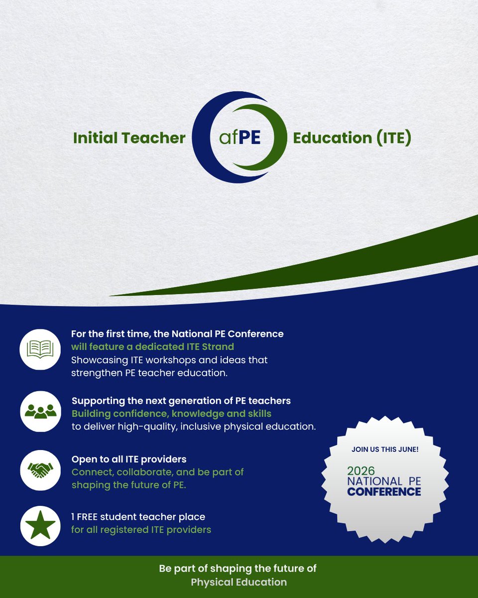 afPE_PE's tweet photo. National PE Conference – Initial Teacher Education Strand 🎓

Great PE starts with great teacher education.

Initial Teacher Education (ITE) plays a vital role in preparing the next generation of PE teachers with the confidence, knowledge, and skills needed to deliver high-quality, inclusive physical education.

This year, for the first time, there will be a dedicated ITE Strand built into the National PE Conference in June.

Find out more about the ITE workshops and register your place here: https://t.co/EA80CLixuM

All registered ITE providers will be offered one FREE student teacher place.

To access your free student teacher place, please email tom.banks@afpe.org.uk and quote Conf+1ITE, including the contact details, workshop choices of your student teacher, and the name of your organisation.

#PhysicalEducation #PEConference #ITE #TeacherEducation #PETeachers #ProfessionalDevelopment #SchoolSport #InitialTeacherEducation #afPEConference