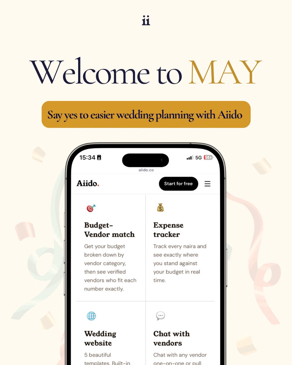 aiidohq's tweet image. A new month for easier wedding planning.🎉

Start May with your plans properly organized - from your budget to your vendors, tasks and guest list. 
Move through the month with clarity and ease.

Happy Planning!🎉

#weddingplanning