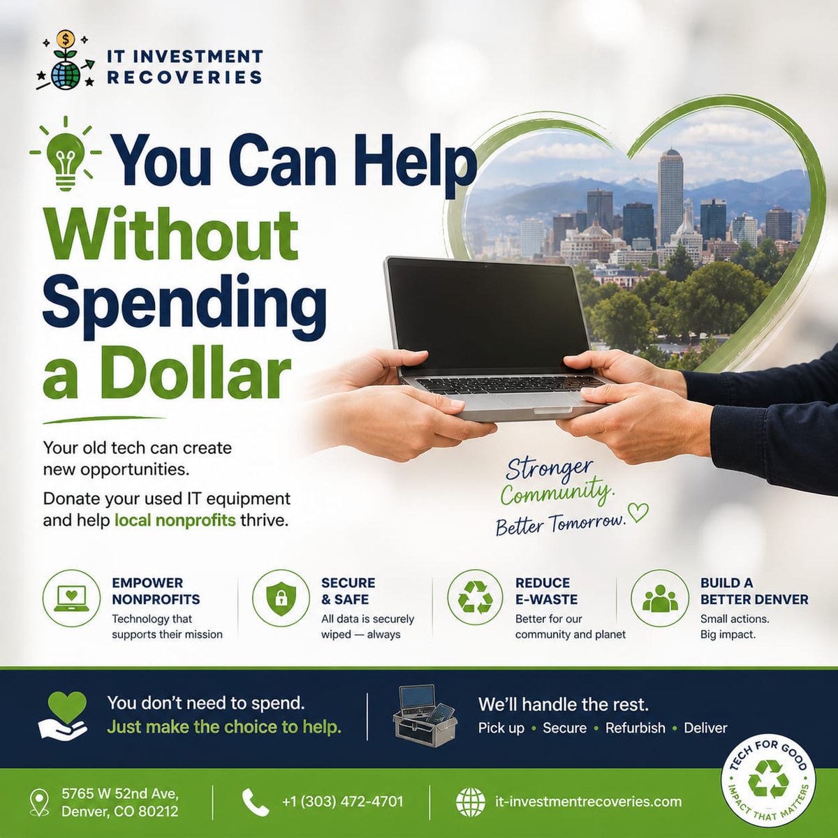 ItInvestment's tweet image. Impact doesn't cost money, Denver. 💡

It costs one old device.
Give it. We handle the rest. 🔒💻♻️
📍 5765 W 52nd Ave, Denver, CO 80212

#TechForGood #EWaste #denvercolorado 
@DenverChannel @denverpost @coloradogov