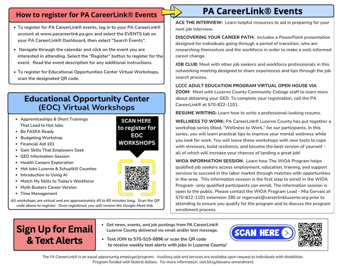PACLLuzerne's tweet image. Our Wilkes-Barre office's #HiringEvent and #Workshop calendars for the month of May are here! Take a look at the schedules to see what we have planned.

Click here to view downloadable versions of our calendars: buff.ly/PwW0Sv6