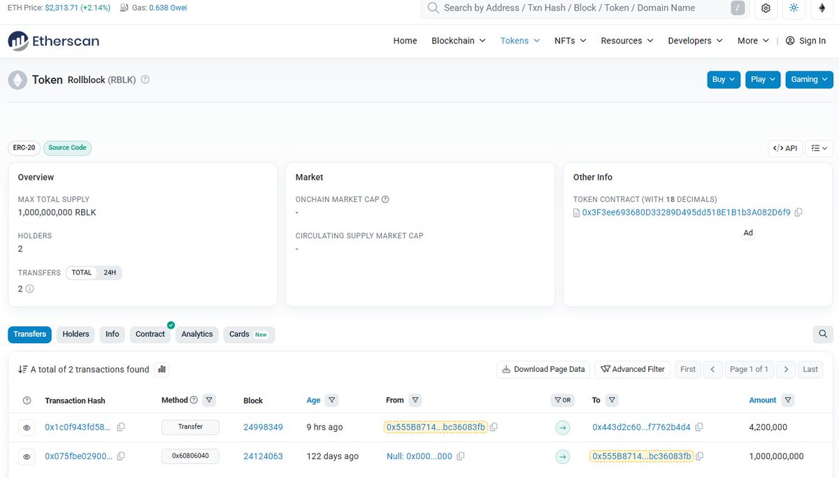 ICOS785077's tweet photo. looks like there has been some movement in the contract adress. ) hours ago, 4.2M $RBLK have been  moved to an unknown adress: 0x443d2c60Db363977aa061d0fbaB5Fd8f7762b4d4
This seems highly suspicious, since the team has gone silent and did, again, fail to deliver on promises made. https://t.co/KCSdzJpFWv