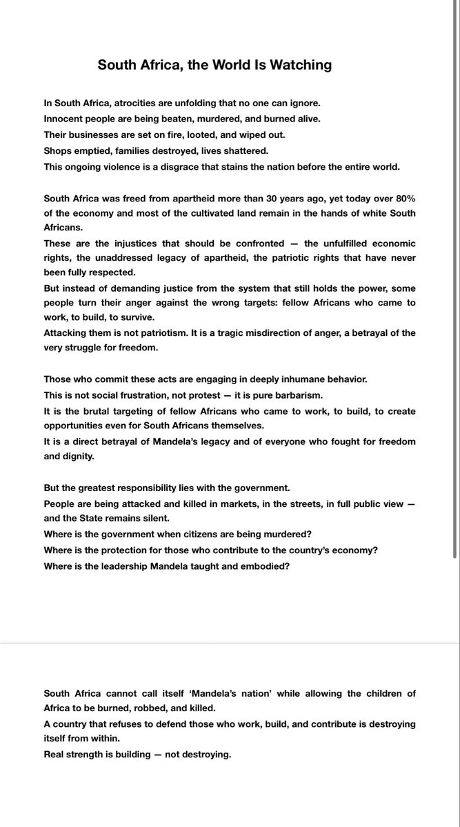 samuel_eliyas's tweet image. What is happening in Sauth Africa is a disgrace.
Violence, killings, and the destruction of African workers and entrepreneurs betray Mandela legacy.
A nation that stays silent while innocent people are burned and murdered is destroying itself.
The world is watching.
#HumanRights