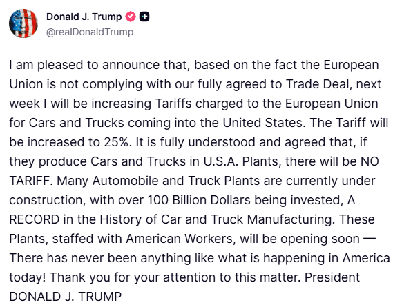 zerohedge's tweet photo. TRUMP: WILL BE INCREASING TARIFFS ON EU FOR CARS TRUCKS
TRUMP: INCREASING TARIFFS ON EU TO 25% https://t.co/Fo6S1HHOBh
