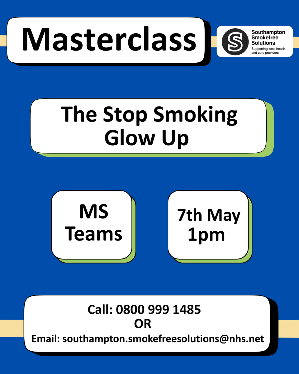 s_smokefree's tweet image. 📢Masterclass✨Stop Smoking Glow up✨How does the body change after quitting smoking?
🗓️Thursday 7th May🕐1pm

Sign up: 
☎️ Call: 0800 999 1485
📧 Email: southampton.smokefreesolutions@nhs.net

#SouthamptonSmokefreeSolutions #CPD #training #smokingcessation