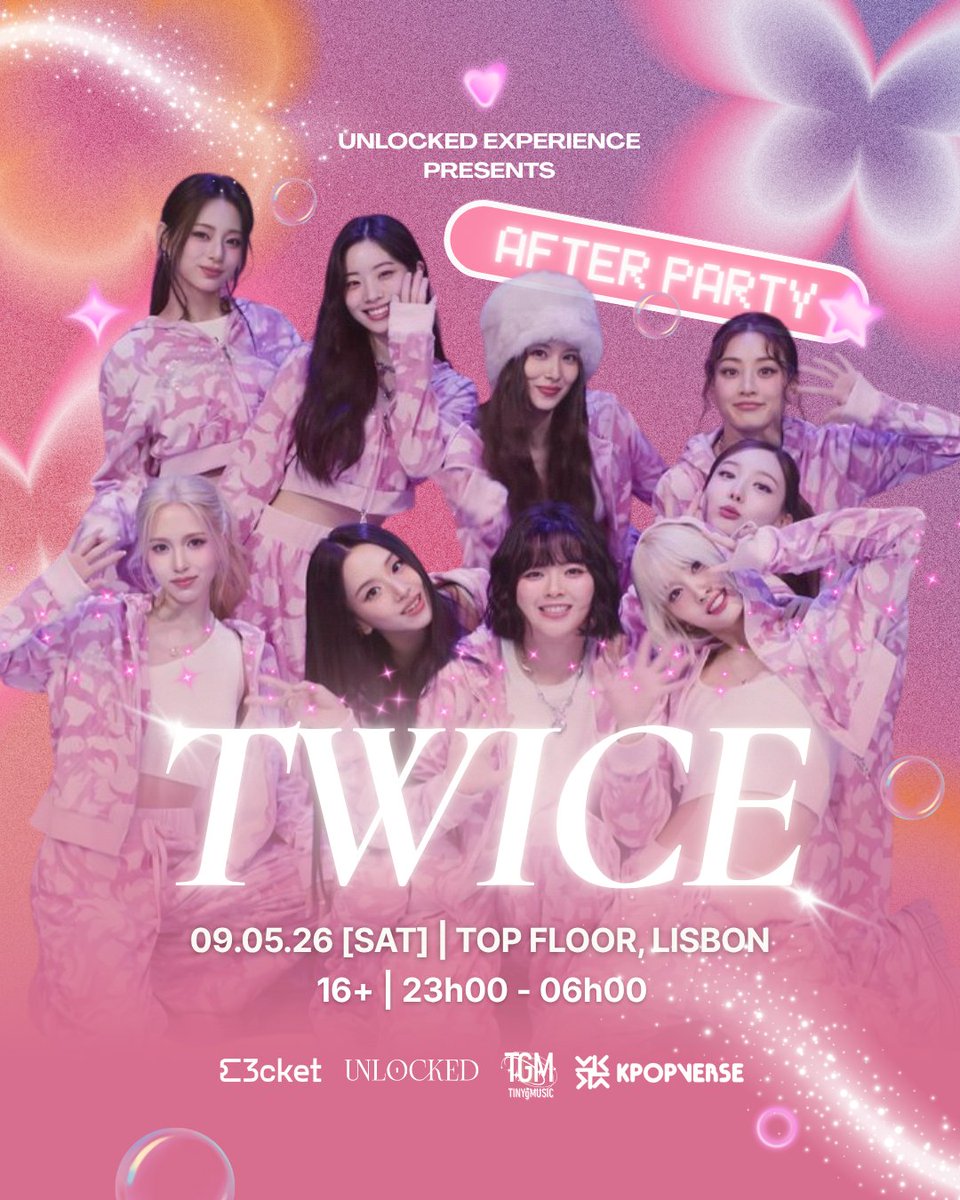 TINYgMUSIC1's tweet photo. @JYPETWICE kick off the European leg of their THIS IS FOR WORLD TOUR in Lisbon 🇵🇹

Don’t get hit by the after-concert blues

@Unlocked_Exp presents TWICE AFTER PARTY at Top Floor LISBON — just steps away from MEO Arena

🎟️ Tickets on sale NOW: https://t.co/psXOpMTc3c

#TWICE https://t.co/Xovch1ypaF