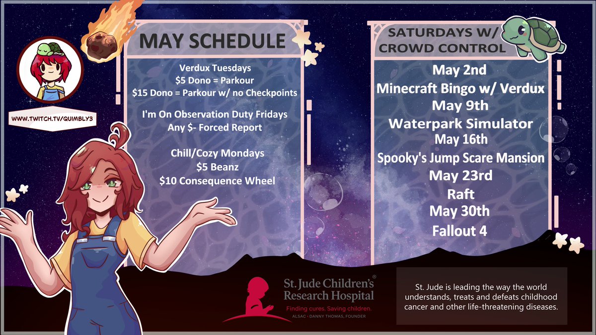 Quimbly3's tweet photo. It’s @StJudePLAYLIVE Challenge season and we have an amazing May schedule benefitting St Jude. I’m super excited! Our big kick off event is tomorrow at 2pm CST! https://t.co/4BhiEpx270