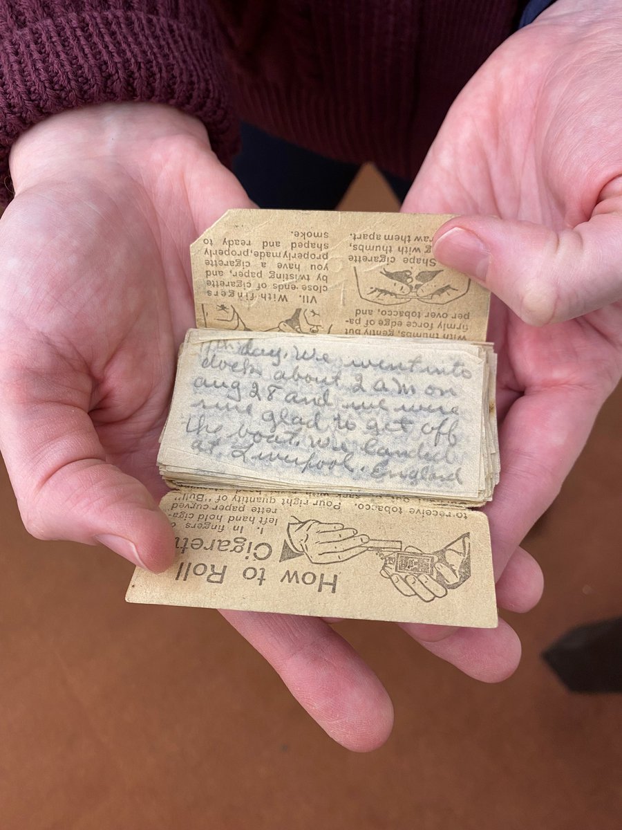 AHomelyHouse's tweet photo. This is a WW1 soldier's diary he wrote on cigarette rolling paper. The value of hand-writing your stories and experiences cannot be overstated. These things endure and are passed on; they don't disappear forever when a server crashes. This is why I so much want young people to be writing and crafting stories and journals; these things become invaluable heirlooms over time that our descendants will bless us for taking the time to make. These are acts of love for ourselves and for those we will never even meet.