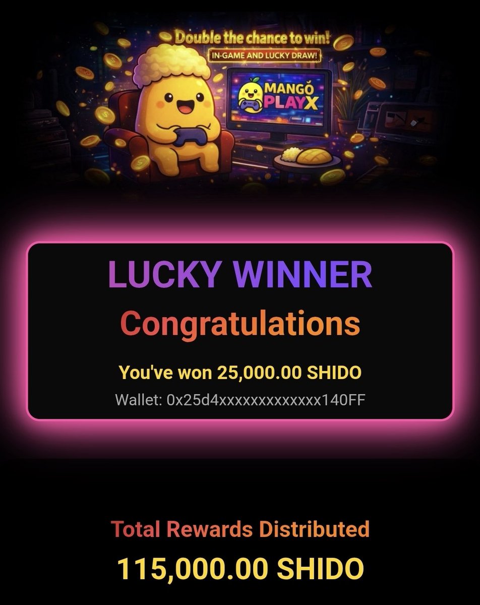 MangoPlayX's tweet photo. Congratulations 🎊
0x25d40DF87bc69082acfc8D94dCfB203375E140FF
You've won MangoPlayX lucky draw. 25,000 SHIDO has been sent to your wallet.
So far, we’ve already paid out 115,000 SHIDO in reward.
If you wanna be next, play our P2E at https://t.co/jS69SJfMvO https://t.co/DSYFkUNk2p
