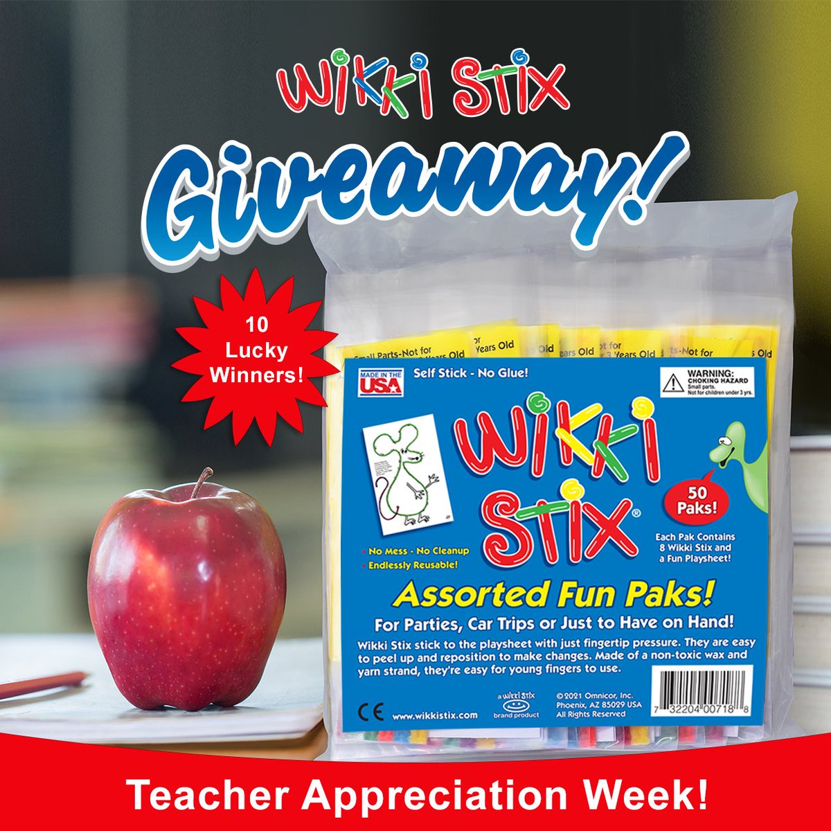 Wikkistix's tweet image. Teacher Appreciation GIVEAWAY! 🎁 Help us Celebrate our Teachers! 🍎Enter now for your chance to WIN Wikki Stix Assorted Fun Paks! 10 Winners will be selected! Enter now through May 8, 2026: wikkistix.com/contest/ #wikkistix #giveaway #teachers #teachersappeciationweek