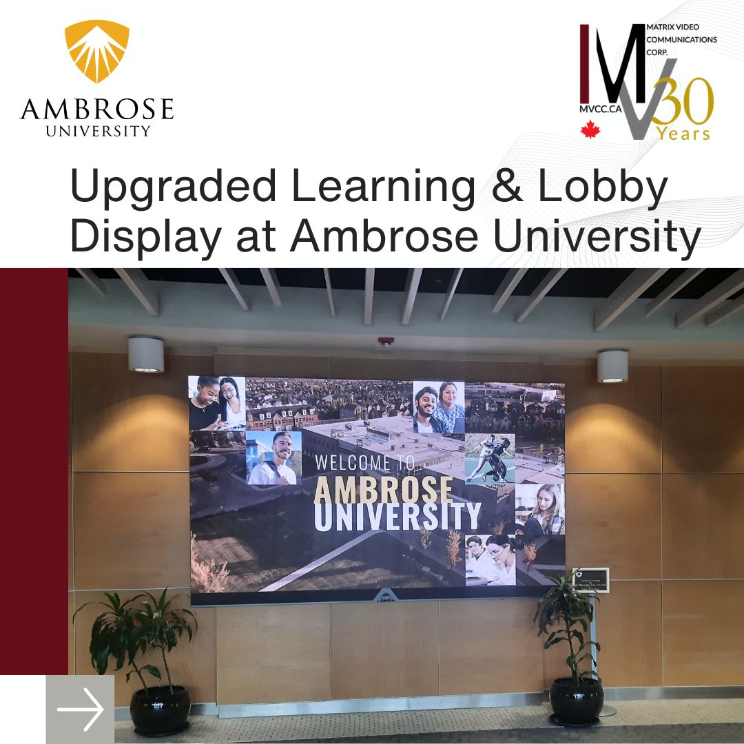 MatrixVideoMVCC's tweet image. Matrix Video Communications upgraded Ambrose University with 4 classrooms featuring dual cameras, @Crestron control &amp;amp; 85” displays, plus a 138” Absen LED wall in the lobby—bright, modern, and built for better learning &amp;amp; impact.

#AVIntegration #HigherEducation #DigitalSignage