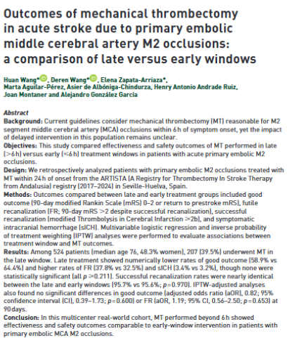 TANeurolDisord's tweet image. 🆕New online!

🧠What is the safety and effectivity of early vs late window mechanical thrombectomy for acute ischemic #stroke due to middle cerebral artery M2 occlusions?

📰Check out this registry study from Spain to learn more:
🔗journals.sagepub.com/doi/full/10.11…