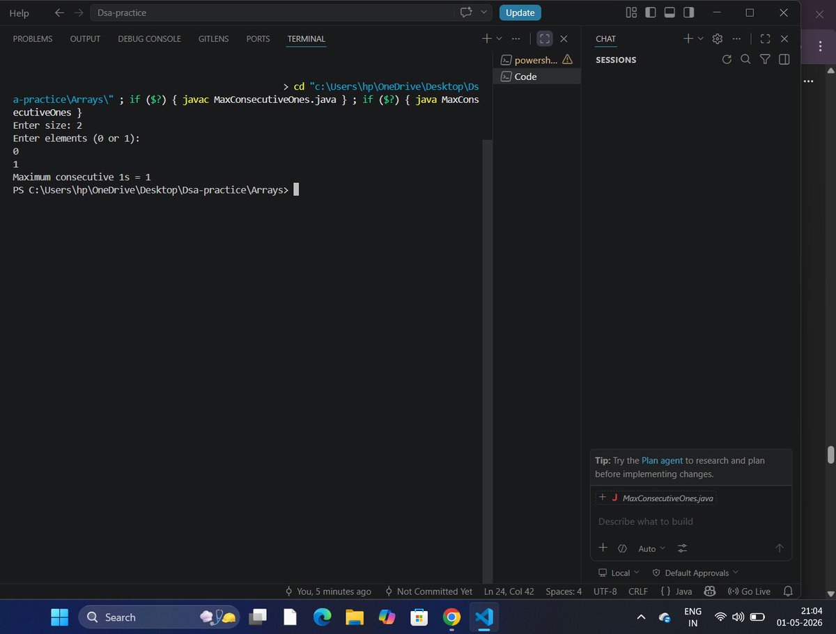 thekhuman__'s tweet image. 🚀 Day 133: Array logic mastery! 🧠
Mastered "Max Consecutive Ones" in Java. 💻 Implemented a single-pass O(n) solution—efficient and clean. 📈 Pushed to GitHub as part of my MNC placement prep!
What’s your favorite array problem to warm up? 👇
#Java #DSA #MCA #Coding #MNC