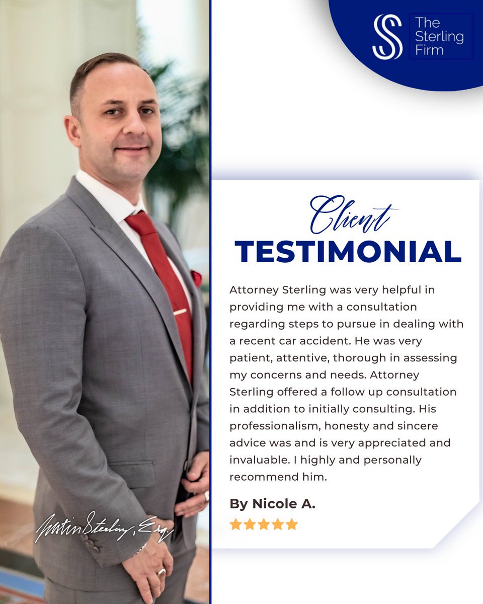 TheSterlingFirm's tweet image. Trusted by our clients for professionalism, honesty, and results. ⭐⭐⭐⭐⭐
We are committed to providing dedicated legal guidance for your case.

📞 Call/Text (310) 498-2750 | Toll Free (844) 4-GETLEGAL
#ClientTestimonial #TheSterlingFirm #Lawyer #LegalHelp