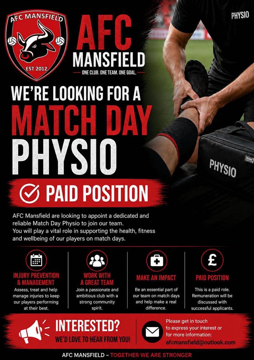 AFCMansfield's tweet photo. Join our backroom staff 👀

AFC Mansfield are on the lookout for a dedicated First Team Physio. 

Interested? Get in touch! https://t.co/WlB1C3LwZw
