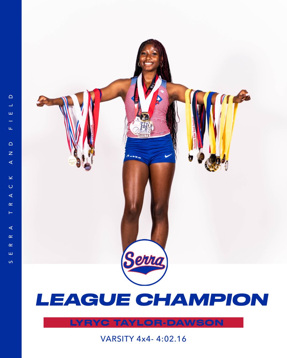 Serra_Track's tweet photo. 👑LEAGUE CHAMPIONS👑
Congratulations to Lyryc Taylor-Dawson, Mecca Muhammad, Savannah Coleman, and Kennedy Reed for winning the Del Rey League title in the Girls Varsity 4x4.
They won it in a time of 4:02.16 and will be advancing to the CIF Prelims. Let's go ladies!
#SerraSpeed https://t.co/cZUa1nKWJ7