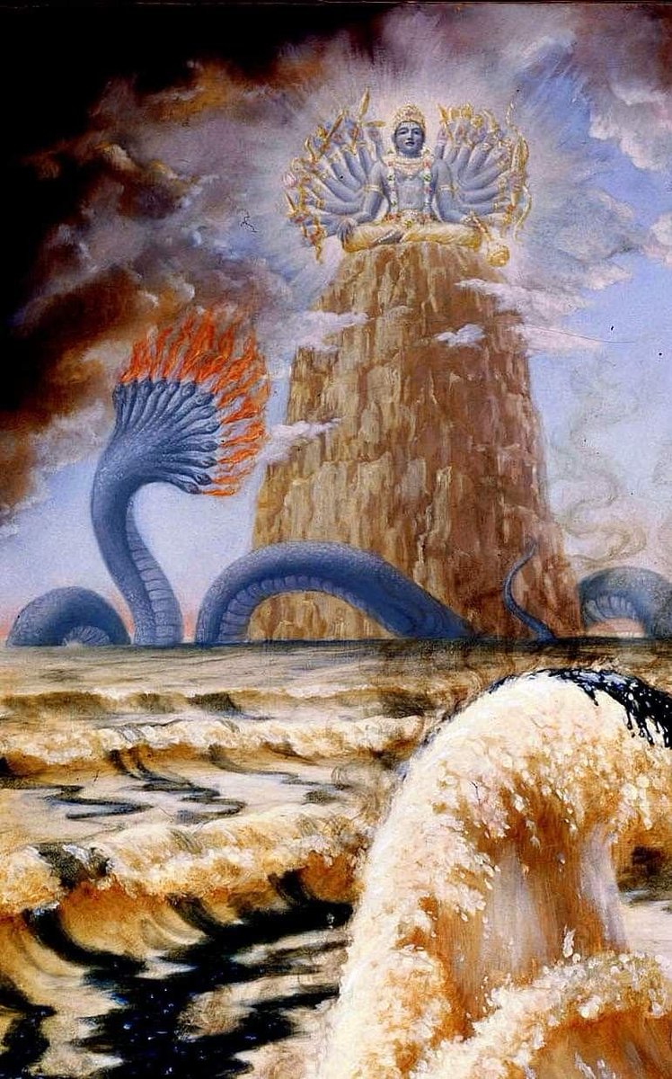 The great serpent Vasuki is coiled around the mountain, serving as the rope used by the Devas and Asuras.