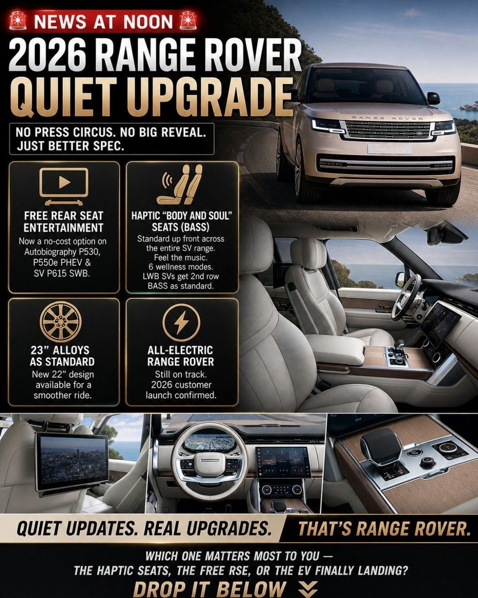 Lucky8OffRoad's tweet image. 🚨 NEWS AT NOON 🚨

2026 Range Rover just got quietly upgraded.

Free RSE. Haptic BASS seats standard on SV. 23" alloys standard. Electric Rover still on track.

No announcement. Just better spec. 👇

Which upgrade matters most?

#RangeRover #LandRover #Lucky8OffRoad