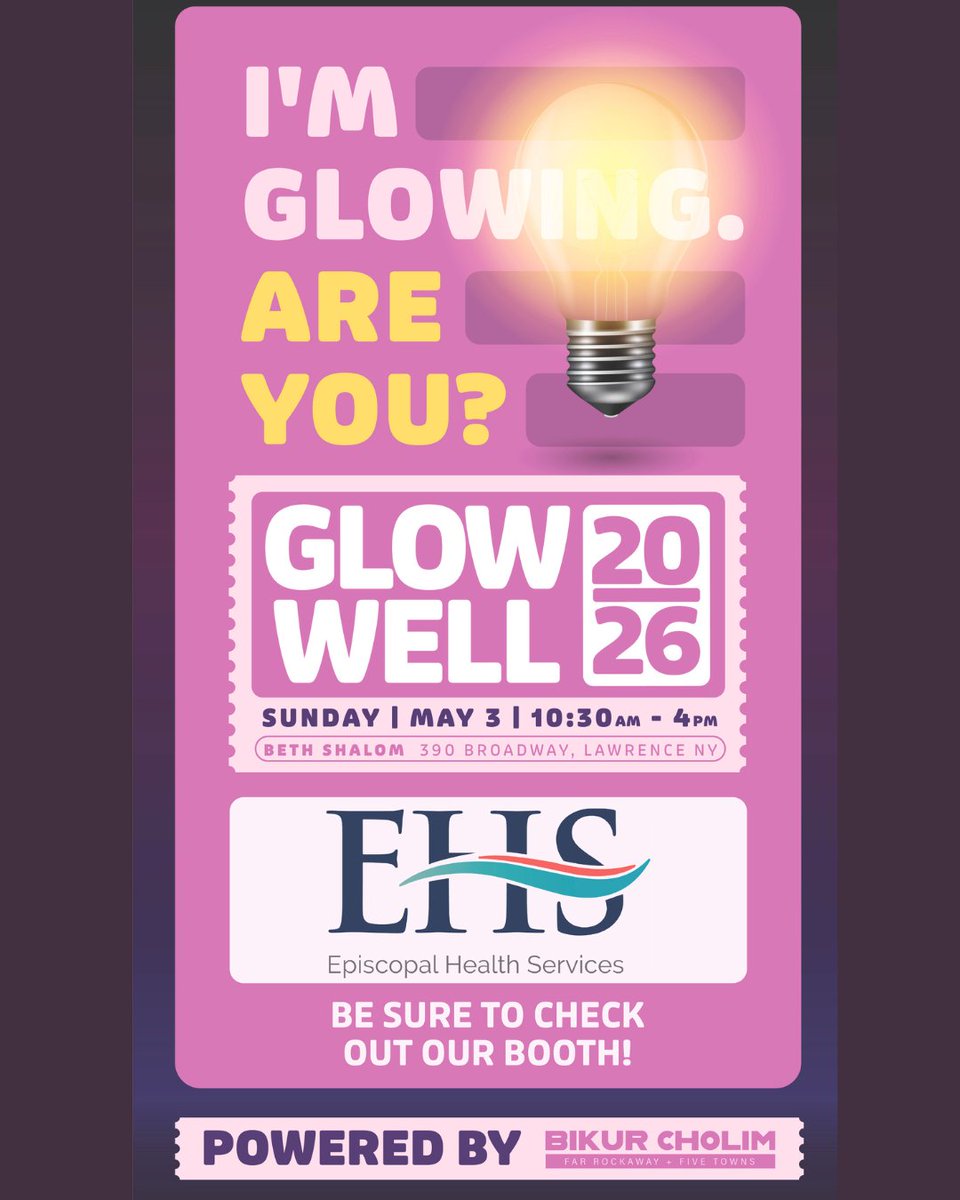 EpisHealthScvs's tweet image. #EHS is proud to be part of Glow Well 2026! Stop by our booth and connect with our #PopulationHealth team for blood pressure screenings, A1C testing, and more.
Sunday, May 3 | 10:30AM – 4PM 
Beth Shalom, 390 Broadway, Lawrence NY
#GlowWell2026 #EHSCares #CommunityWellness