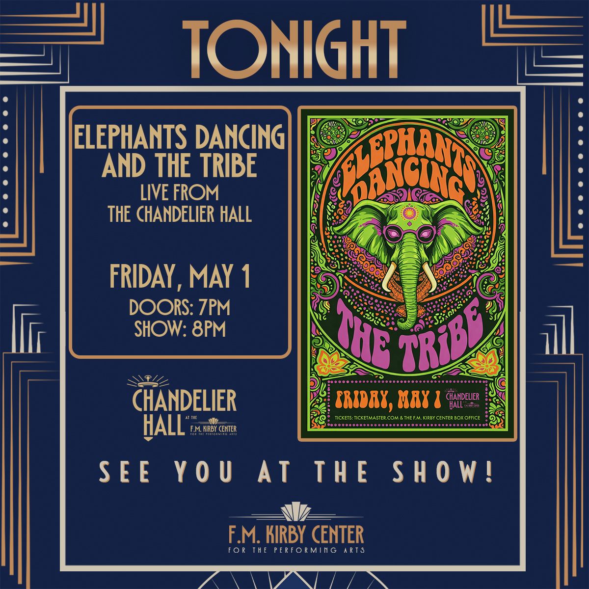 FMKirbyCenter's tweet image. 🐘🎶 𝐓𝐎𝐍𝐈𝐆𝐇𝐓 🥁🎸

Elephants Dancing  and The TRIBE return to the 𝑪𝒉𝒂𝒏𝒅𝒆𝒍𝒊𝒆𝒓 𝑯𝒂𝒍𝒍 at the 𝐅.𝐌. 𝐊𝐢𝐫𝐛𝐲 𝐂𝐞𝐧𝐭𝐞𝐫 - and this time, they're joining forces! These two #NEPA favorites will have the crowd moving and grooving with a can't-miss night of