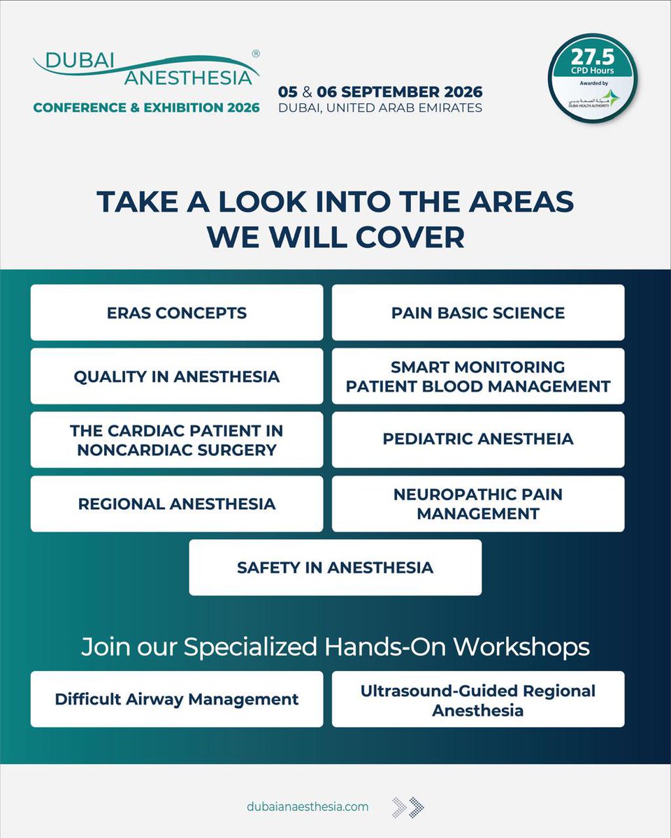 dubaianesthesia's tweet image. Meet the experts shaping #DACE2026 👇
 
A powerhouse committee driving innovation in anesthesia &amp;amp; pain management:
 
📍 Dubai, UAE | 📅 5–6 Sept 2026
#Anaesthesia #PainManagement #CME