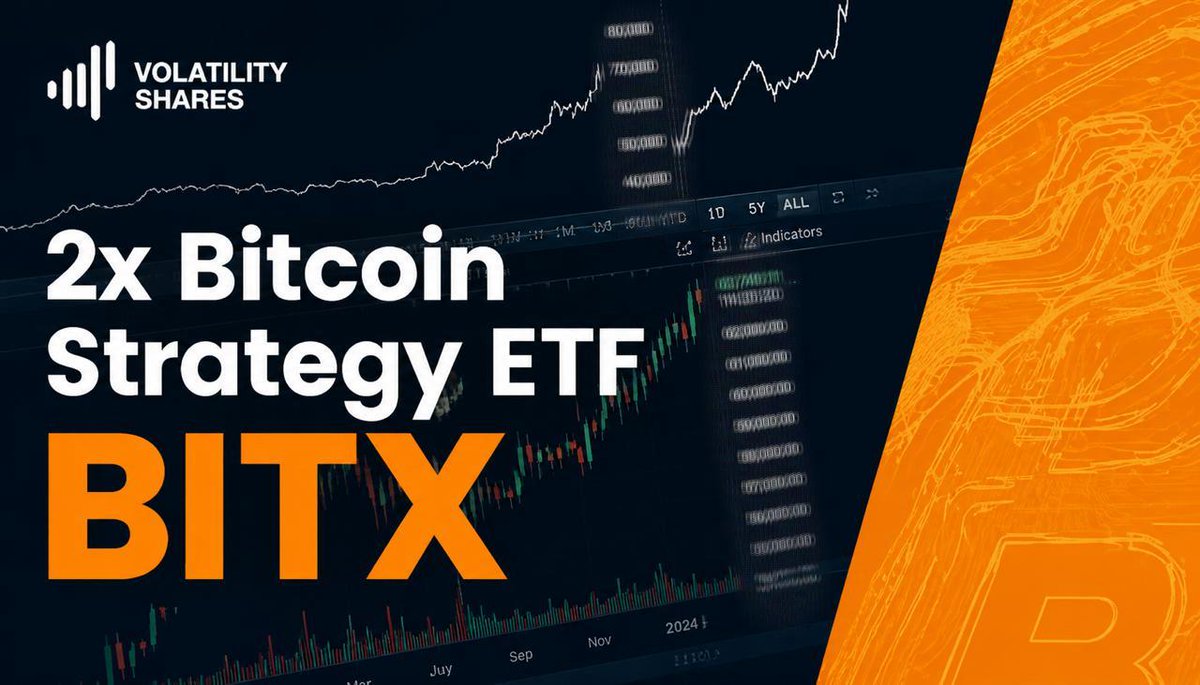 VolShares's tweet photo. Adding Bitcoin exposure for your trading strategy? @Bitcoin 

The 2x Bitcoin Strategy ETF (Ticker: BITX) @VolSharsis a leveraged ETF that aims to deliver two times (2x) the daily return of Bitcoin for a single day. 

The Fund is actively trading! Discover how it works below and see if it fits your short-term goals.

Explore the fund at:https://t.co/tRJo3LPO2b 
#Bitcoin #ETF #2xBitcoinETF #BITX #LeveragedETF