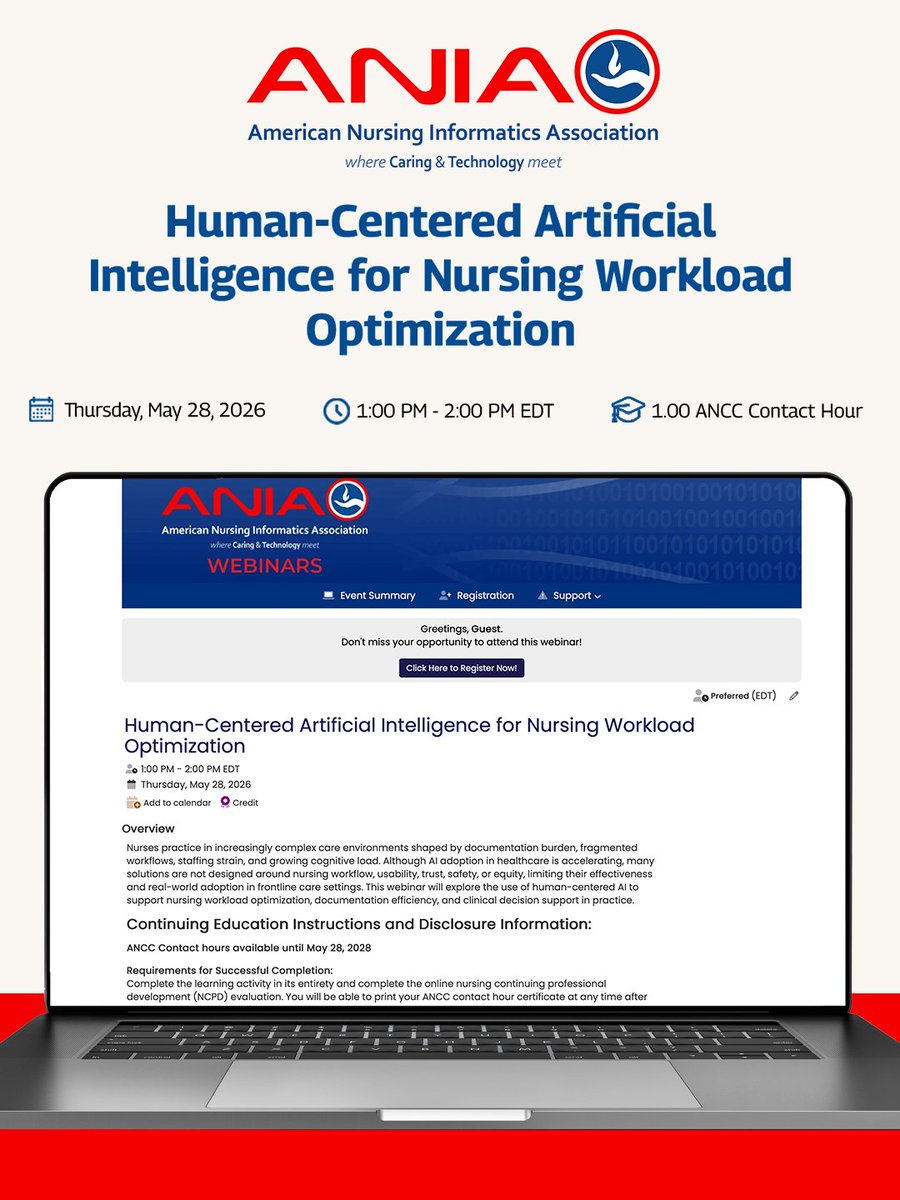 ANIAinformatics's tweet image. Join us May 28th at 1:00pm EDT for a webinar titled, "Human-Centered Artificial Intelligence for Nursing Workload Optimization” 

Learn more &amp;amp; register 👇 
library.ania.org/live/494/page/…

#NursingInformatics #Webinar #NursingWebinar #HealthCare #Technology