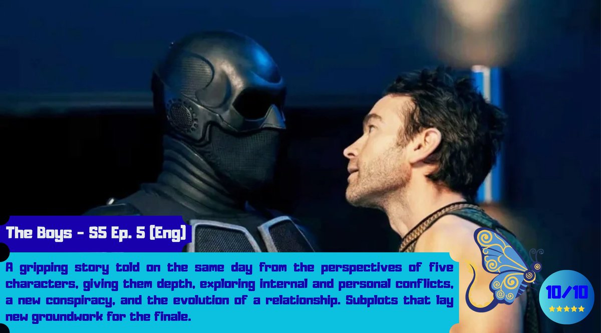 Multflyverse's tweet image. personali, un nuovo complotto e l'evoluzione di un rapporto. Sottotrame che gettano nuove basi per il finale.

Voto:
10/10
⭐️⭐️⭐️⭐️⭐️

#review #reviewtv #recensione #recensioneserietv #TheBoys #TheBoysSeason5 #PrimeVideo #AmazonPrime